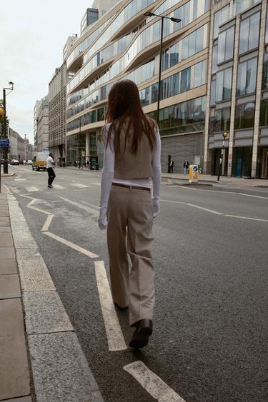 PANTALON À CARREAUX CEINTURE - Beige / Bleu marine de Zara - Image 5