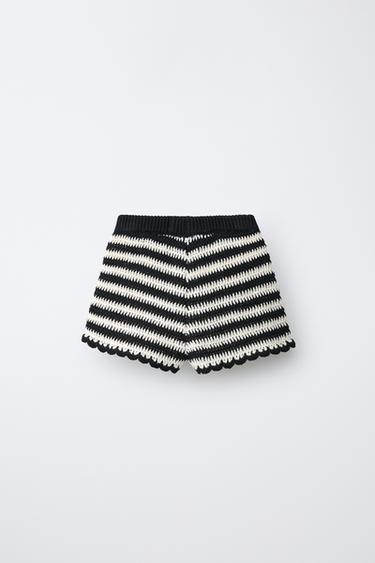 CROCHET KNIT BERMUDA SHORTS WITH STRIPES AND CHERRY EMBROIDERY - Ecru / Black by Zara - Image 1