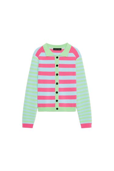Front view of a green, pink, and blue striped cardigan, with a shirt collar and black button-front fastening.