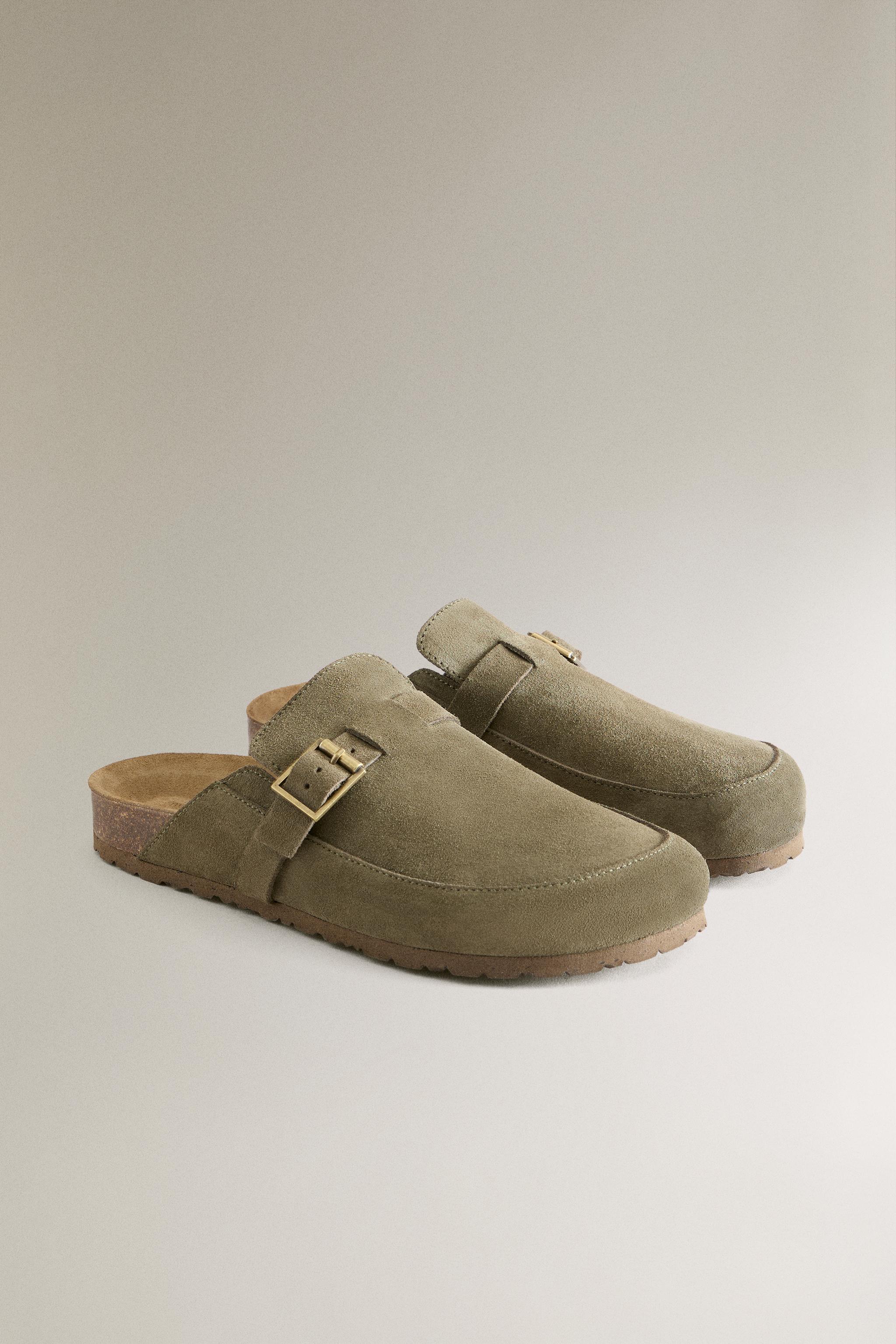 LEATHER MULE CLOG SLIPPERS WITH BUCKLE — Khaki Green