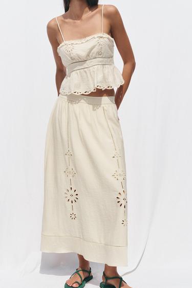 CUTWORK EMBROIDERY CROP TOP - Ecru by Zara