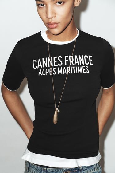 SLOGAN T-SHIRT WITH CONTRAST TRIM - Black by Zara