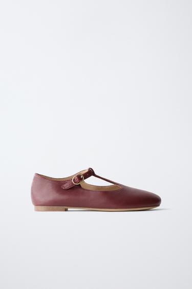 Zara LEATHER T-BAR BALLET FLATS - Maroon