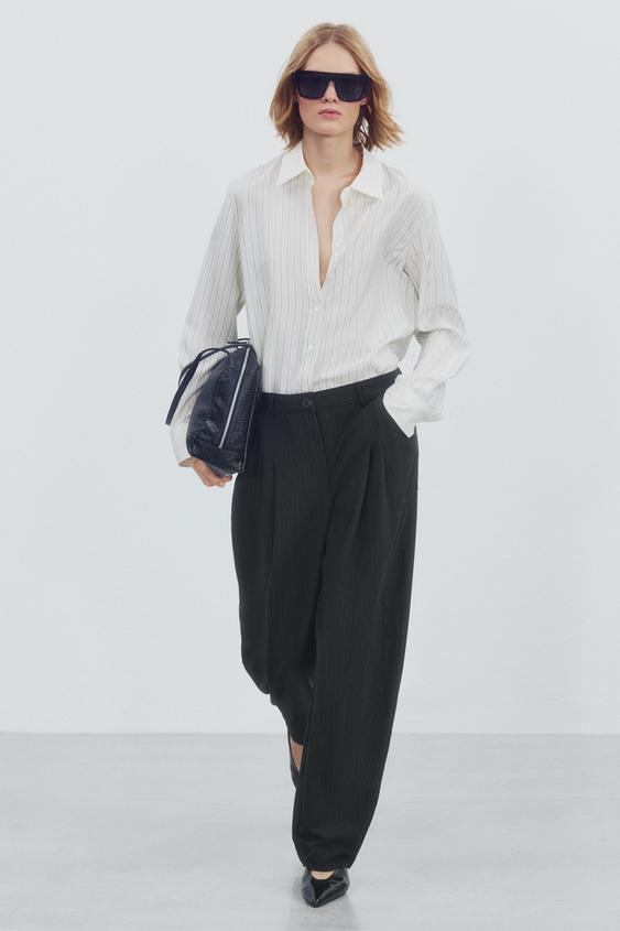 ZW COLLECTION PINSTRIPE BARREL TROUSERS - Brown Stripes by Zara - Image 0