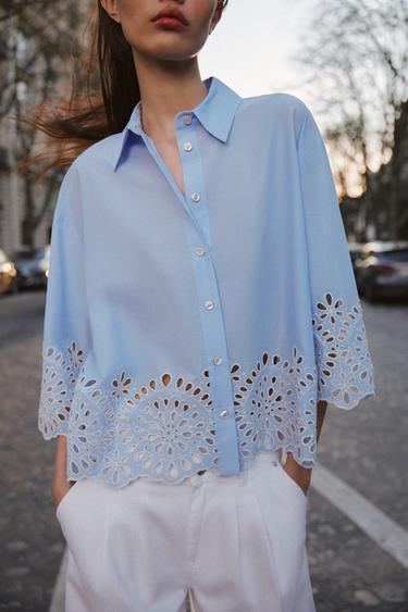 CAMISA POPELÍN BORDADOS PERFORADOS - Azul / Blanco de Zara