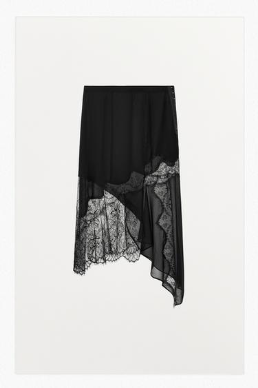 Zara COMBINATION LACE MIDI SKIRT - Black