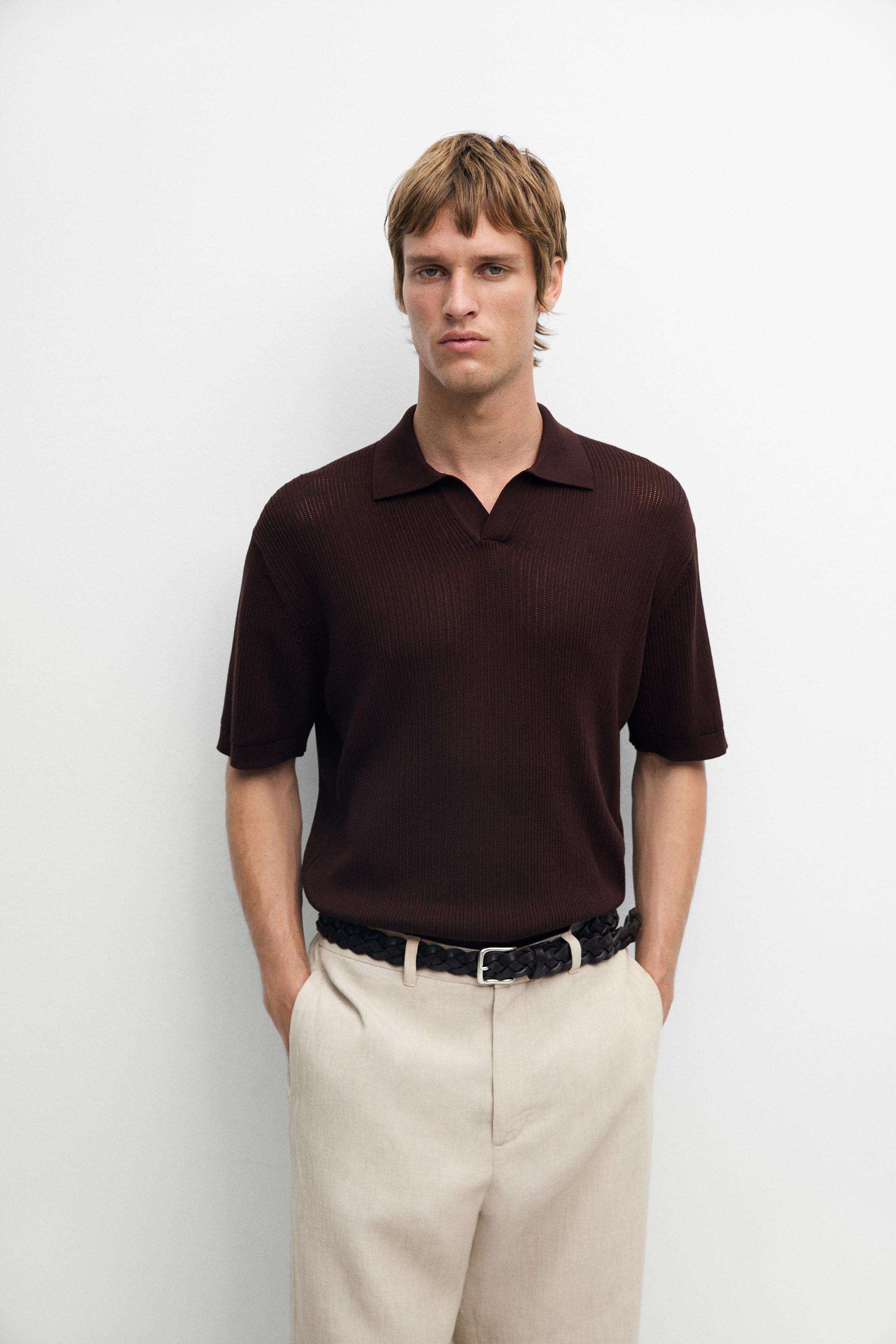 Cotton-blend V-neck knit polo shirt — Burgundy