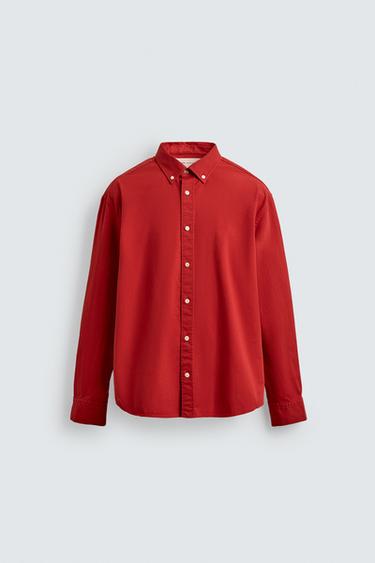 KEMEJA RELAXED FIT KATUN PADAT - Merah dari Zara