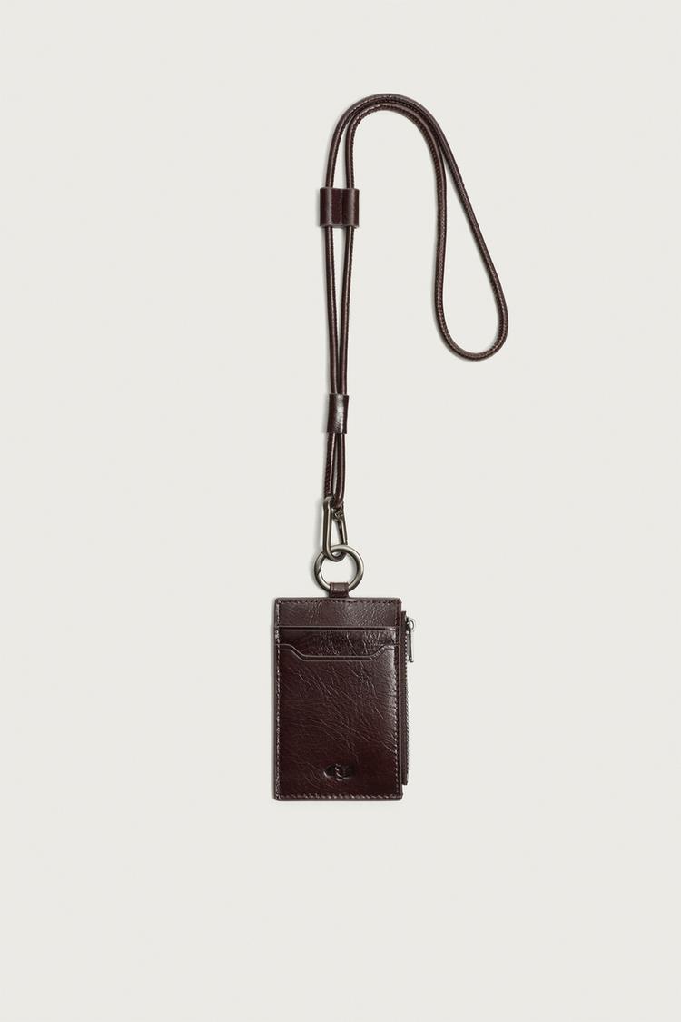 LEATHER LANYARD CARD HOLDER — Brown