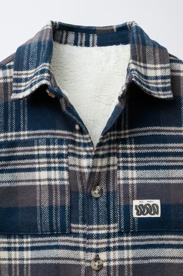 Zara PLAID PRINT FLEECE LINED OVERSHIRT - Blue