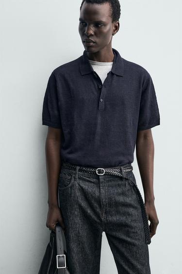 100% LINEN KNIT POLO SHIRT - Navy blue by Zara - Image 5