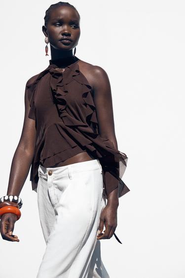 TOP HALTER VOLANTS - Marron foncé de Zara