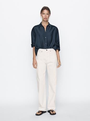 Jeans straight tiro alto mezcla algodón - Blanco roto de Zara - Imagen 0