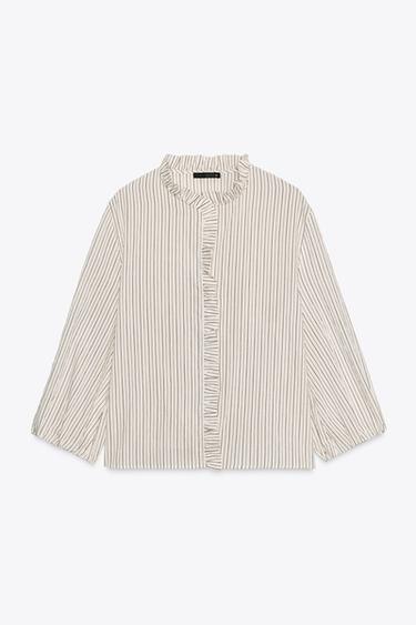 STRIPED SHIRT WITH RUFFLES - Ecru / Brown by Zara - Image 5