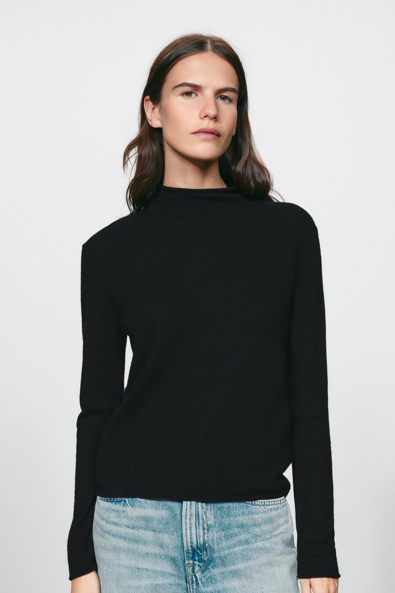 EXTRA-SOFT 100% WOOL MOCK NECK SWEATER — Black