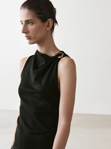 Zara Draped neckline top with brooch detail - Black