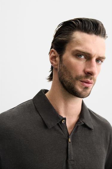 LINEN BLEND POLO SHIRT - Anthracite grey by Zara - Image 4