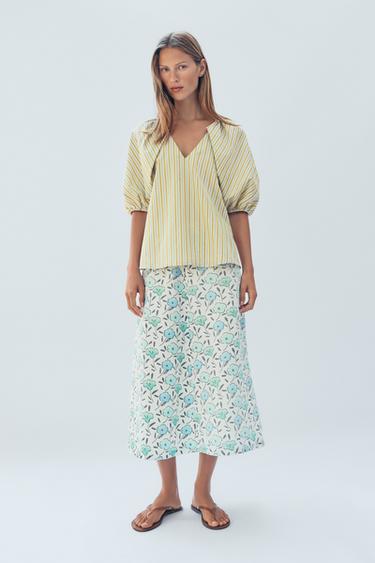 Zara LIMITED EDITION FLORAL LINEN BLEND MIDI SKIRT - Printed - Image 0