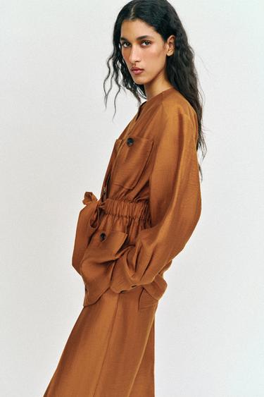 BELTED LINEN BLEND SAFARI JACKET - Curry by Zara - Image 3