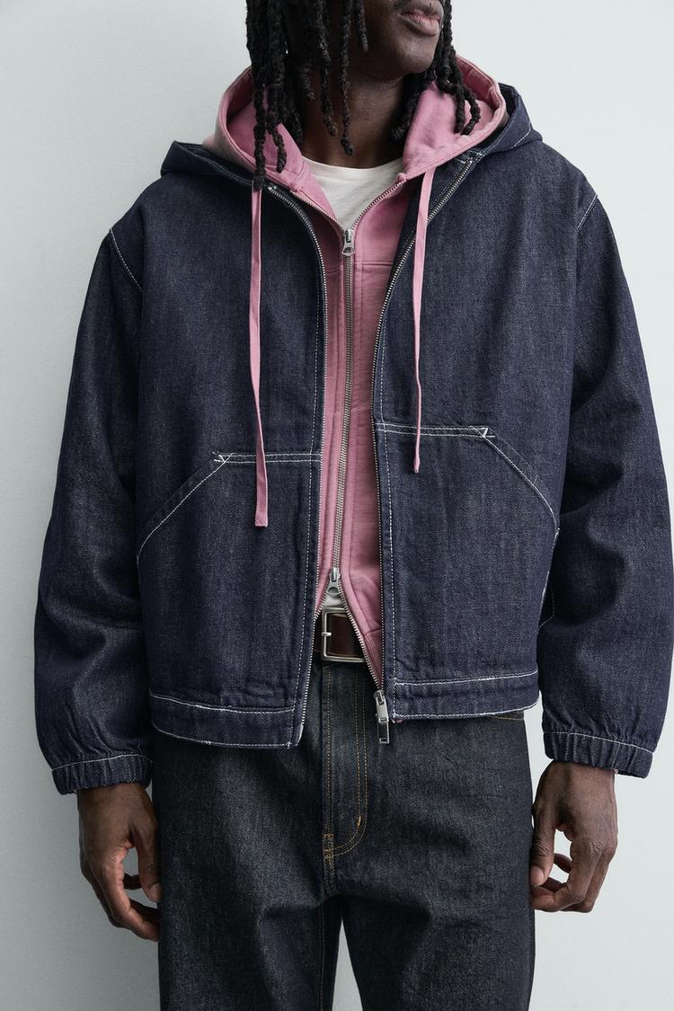 ZARA HOODED DENIM JACKET WITH TOPSTITCHING