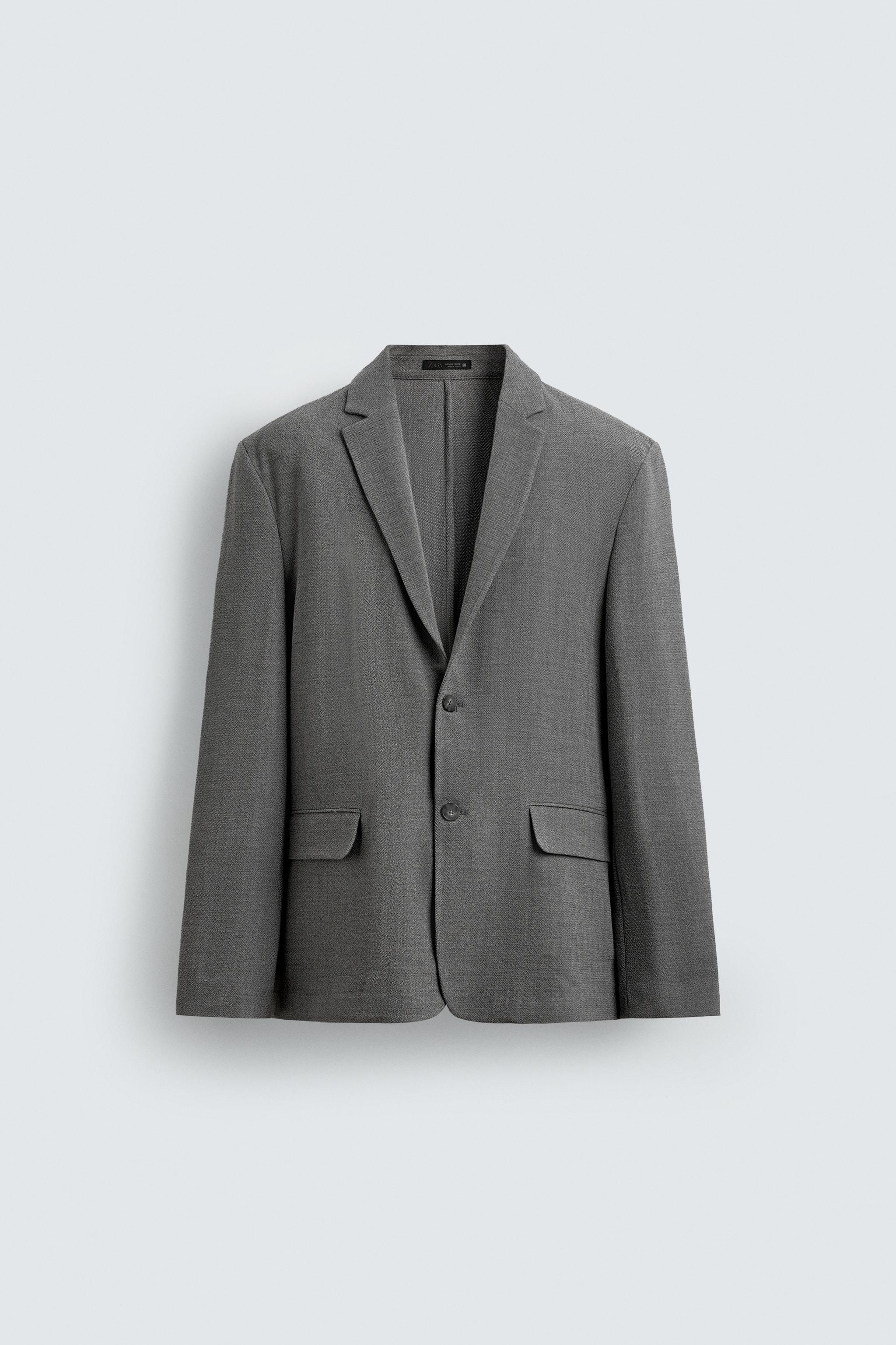 RELAXED FIT HERRINGBONE SUIT BLAZER — Grey