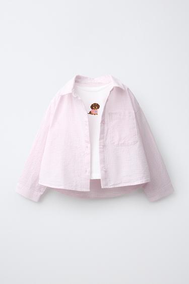 PACK CHEMISE À RAYURES AVEC T-SHIRT CHIEN BRODÉ - Rose de Zara