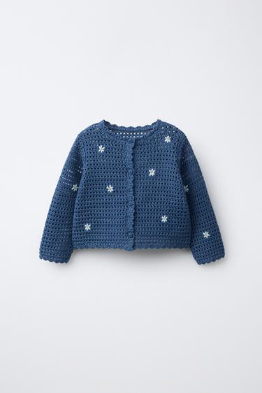 CHAQUETA PUNTO CALADOS FLORES BORDADAS - Azul de Zara