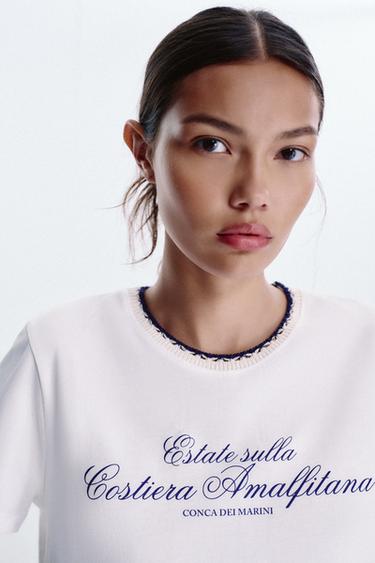 CHUNKY KNIT COLLAR SLOGAN T-SHIRT - Blue/White by Zara - Image 1