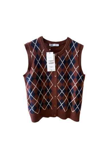 CHALECO LANA 100, MARRÓN Y CON ROMBOS AZUL MARINO, TALLA M, NUEVO CON ETIQUETA.