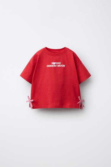 Zara VICHY GINGHAM BOW T-SHIRT - Red