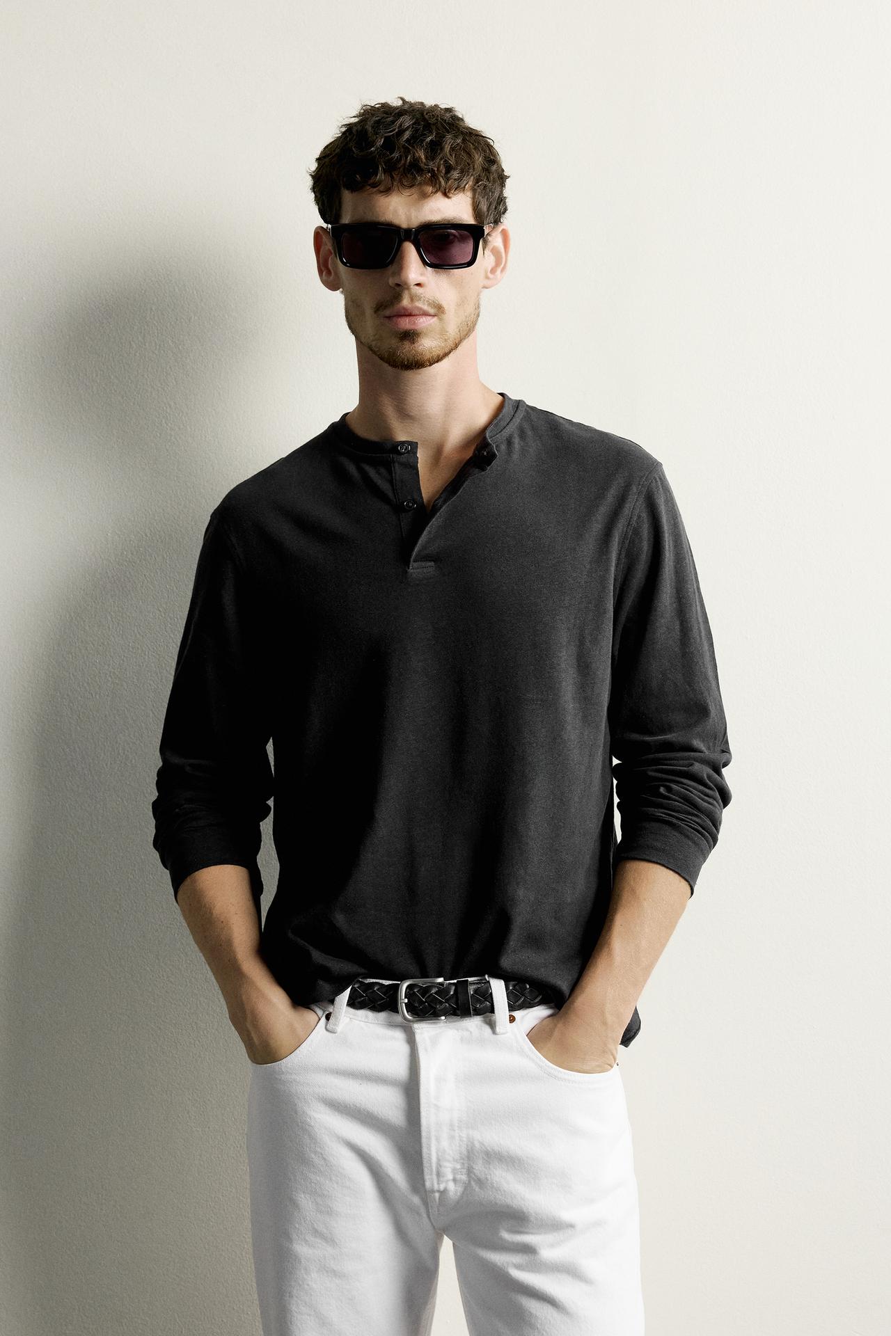 LINEN-COTTON HENLEY T-SHIRT — Dark anthracite