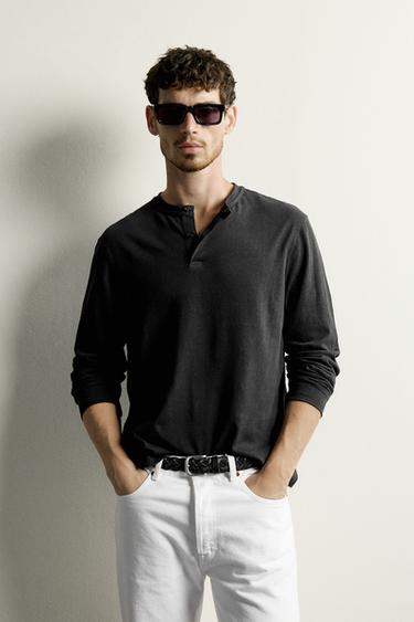 LINEN - COTTON HENLEY T-SHIRT - Dark anthracite by Zara