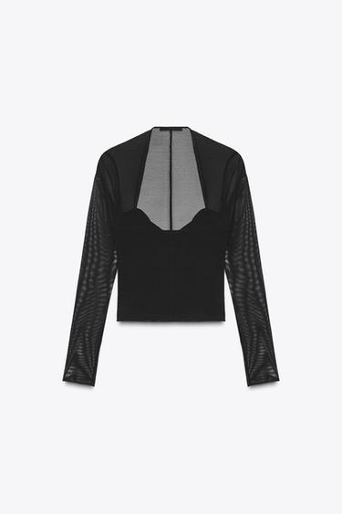 FIGURBETONTES TOP IN MATERIALKOMBINATION MIT TÜLL - Schwarz von Zara