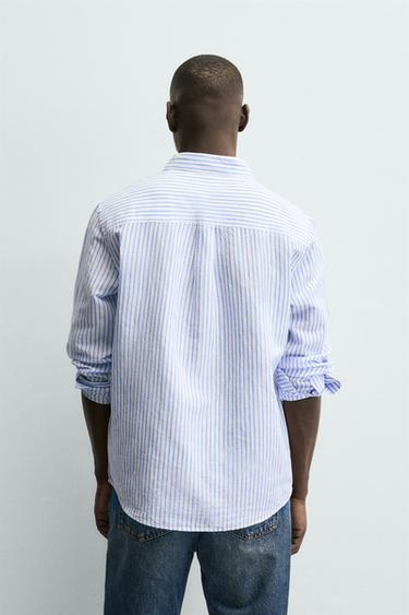 Zara REGULAR FIT LINEN-COTTON SHIRT - Blue / White