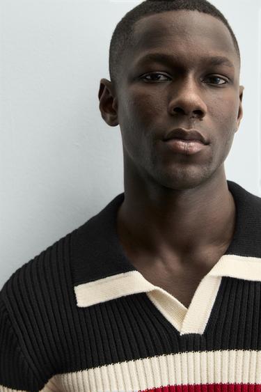 STRIPED JACQUARD KNIT POLO SHIRT - Black by Zara