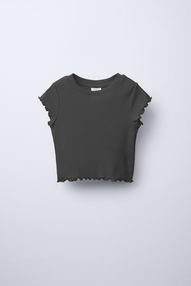 RIBBED T-SHIRT WITH RUFFLES - Dark anthracite by Zara