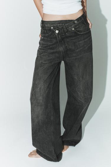 TRF WIDE-LEG CROSSED WAIST HIGH-WAIST JEANS - Black by Zara