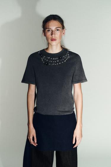 Zara WASHED JEWELED T-SHIRT - Anthracite grey