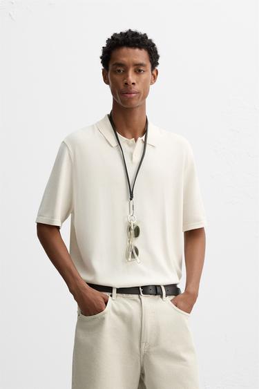 Zara COTTON BLEND KNIT POLO SHIRT - Ecru