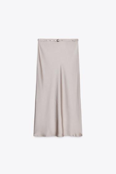SATIN MIDI SKIRT WITH BELT - Taupe grey by Zara