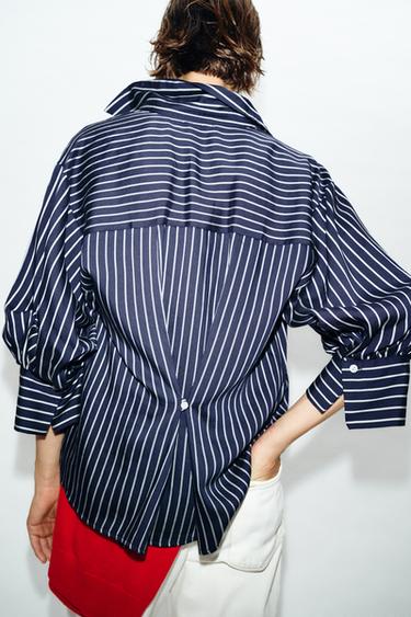 Zara STRIPED BALLOON SLEEVE SHIRT - Navy / White