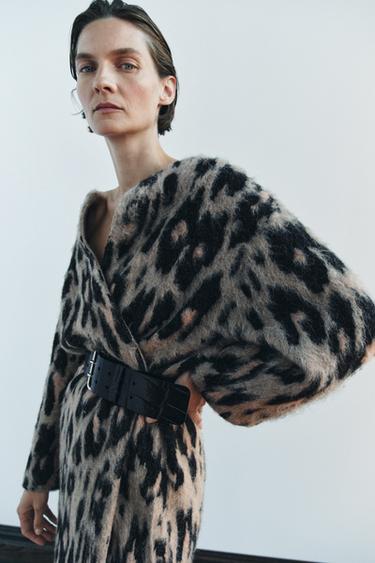 Zara ANIMAL PRINT JACQUARD KNIT LONG COAT - Leopard