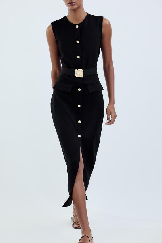 BELTED CREPE MIDI DRESS