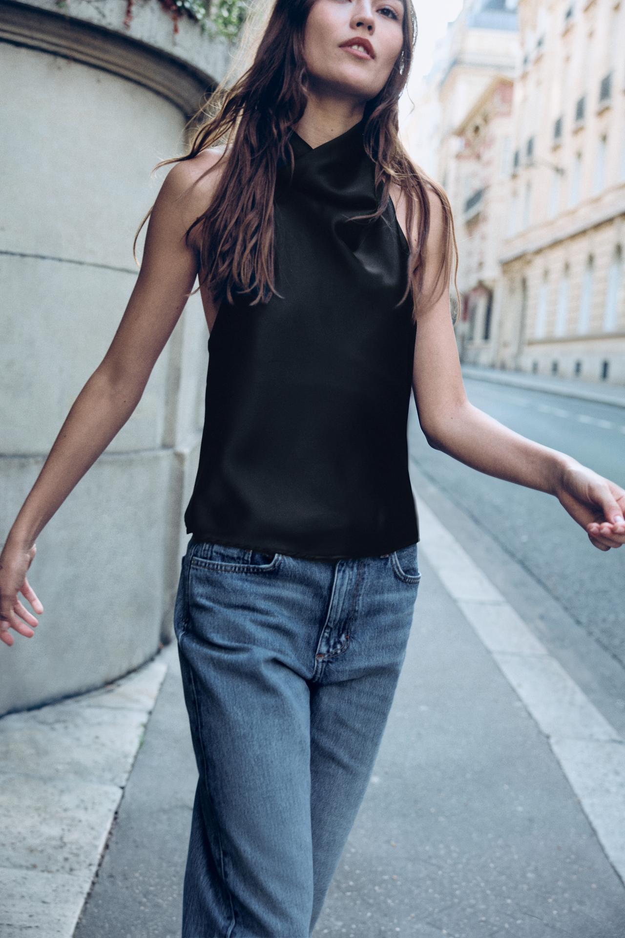 SATIN HALTER TOP — Black