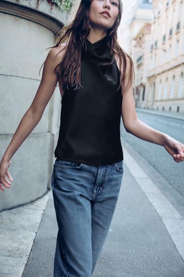 SATIN HALTER TOP — Black 2