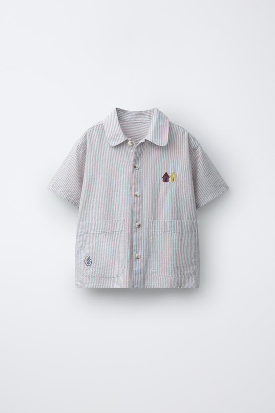 CAMISA RAYAS BORDADOS - Azul pastel de Zara - Imagen 0