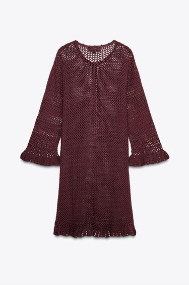 CROCHET KNIT MINI DRESS - Burgundy by Zara - Image 8