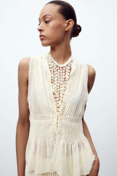 PLEATED LACE TRIM TOP - Oyster-white by Zara