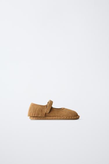 Zara LEATHER FRINGED BAREFOOT BALLET FLATS - Brown