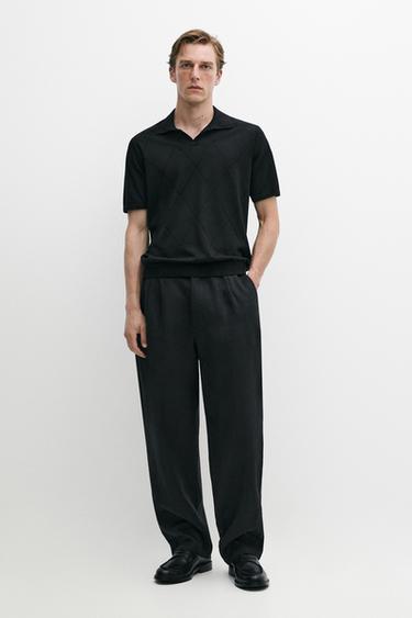 Zara Argyle knit polo sweater - Black - Image 0
